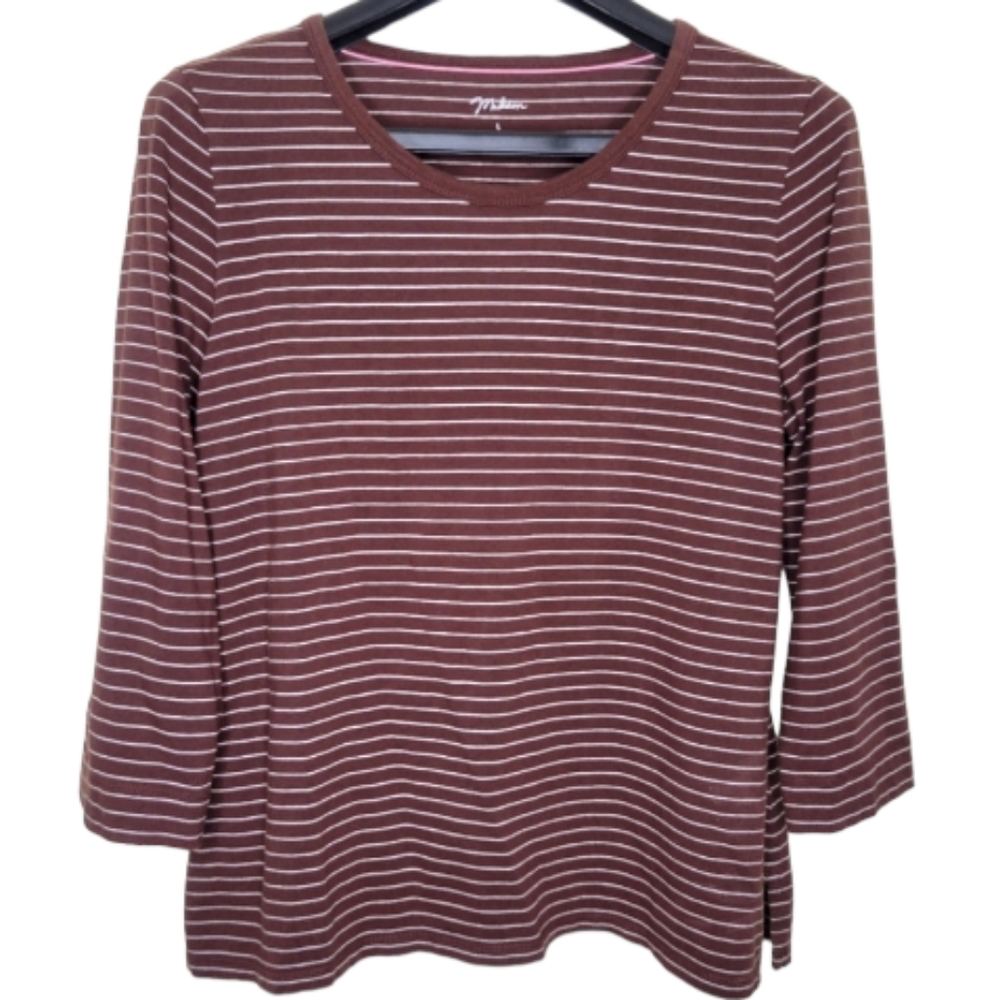 Madison Brown & White Striped 3/4 Sleeve Top, Size L